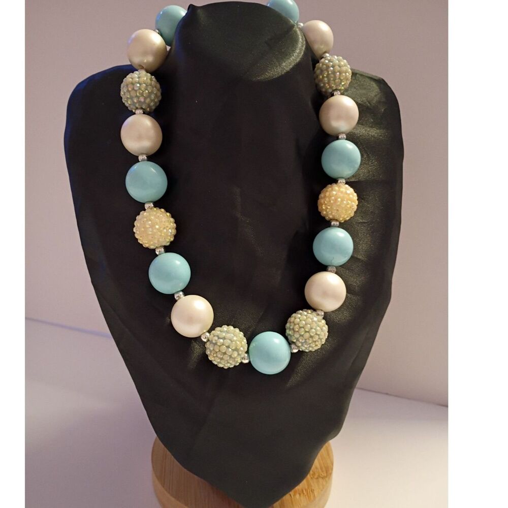 Beautiful Choker Necklace of Light Blue, White and Disco Ball Beads Summer Color